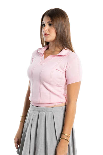 .Cropped Polo Shirt. (Pink)
