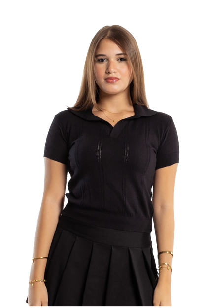.Cropped Polo Shirt. (Black)